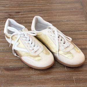 Project Cloud Women’s White and Gold Lace-Up Fashion Sneakers